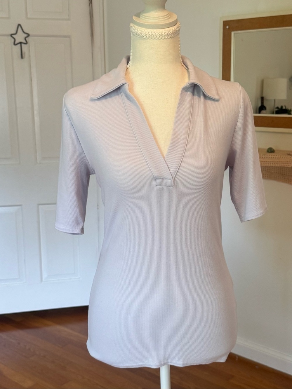 Banana Republic Soft Periwinkle Blue Ribbed Knit Polo Elbow Sleeve Top Sz Small